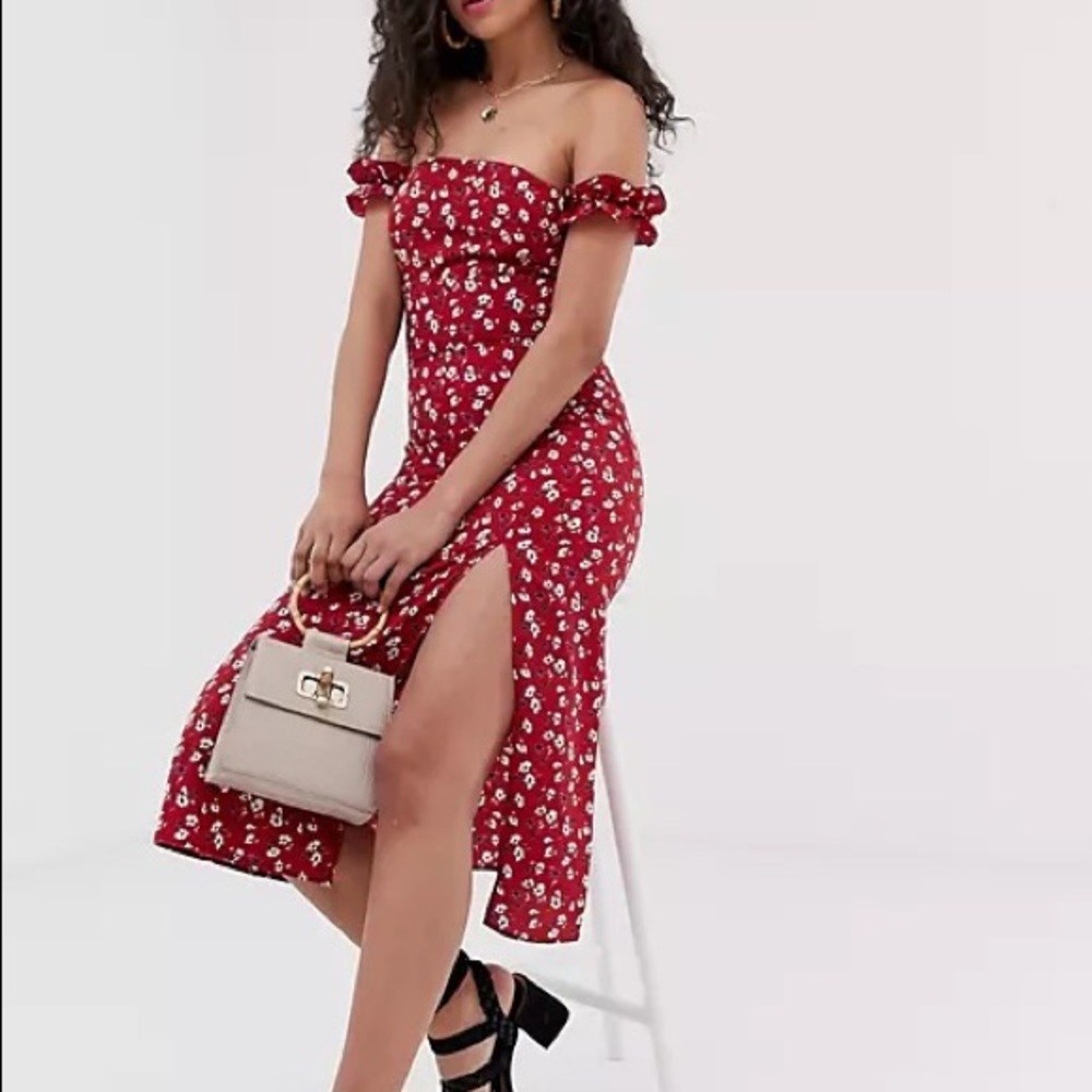 fashion union tall bardot midi dress with slit in floral print